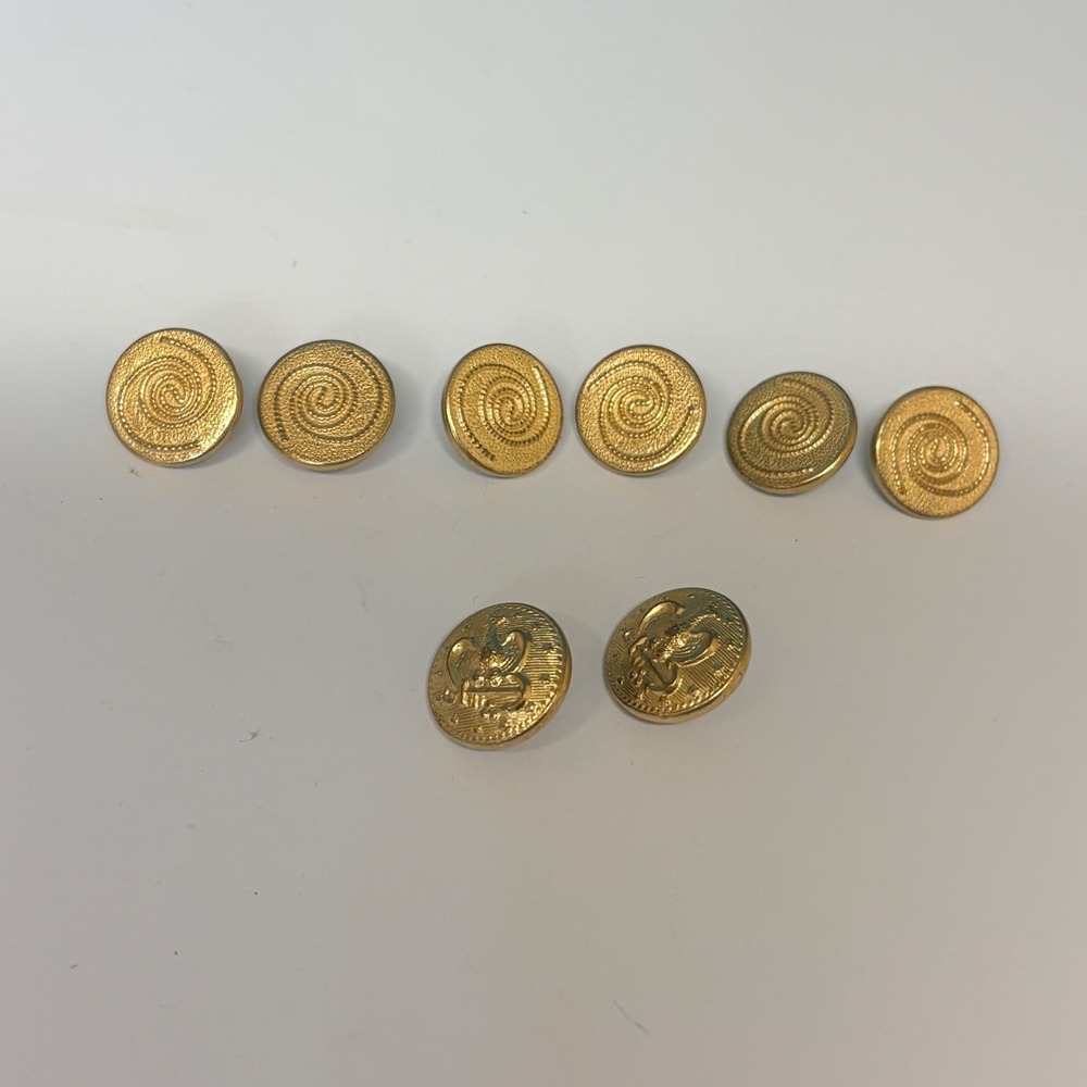 Vintage Gold Tone Metal Shank Buttons Set 8 Eagle Anchor Crest Spiral Texture‎
